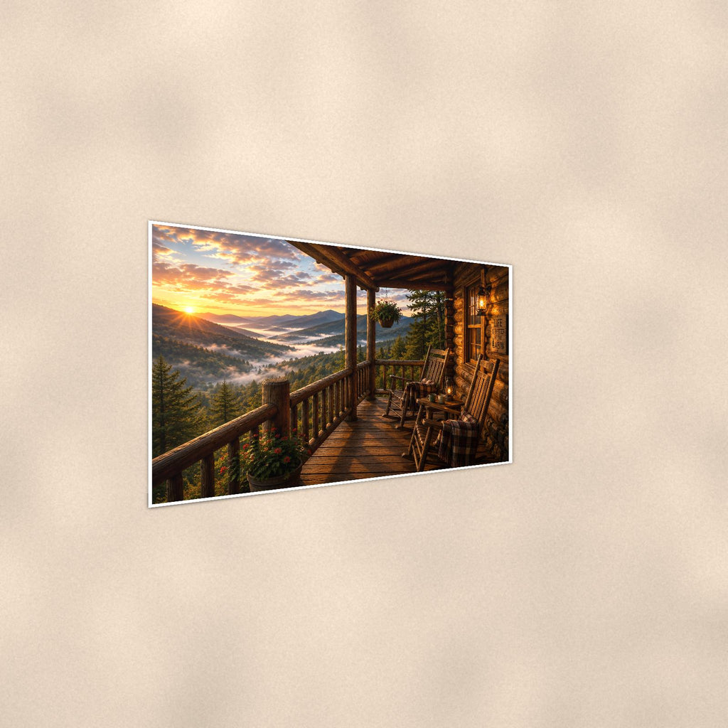 Mountain Porch Rockers — 36x24 in art print poster, premium luster paper with a white border; steeper three-quarter angle on a warm wall, catching the luster sheen.
