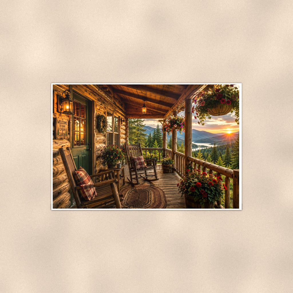 Cabin Porch Sunset — 36x24 in art print poster, premium luster paper with a white border; poster shown straight on against a warm wall.
