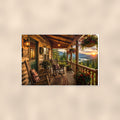 Cabin Porch Sunset — 36x24 in art print poster, premium luster paper with a white border; poster shown straight on against a warm wall.