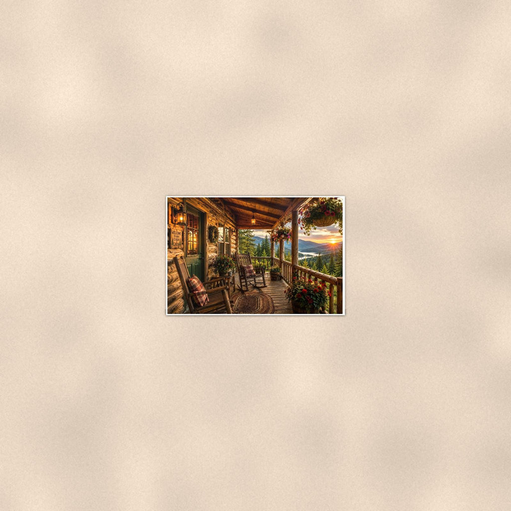 Cabin Porch Sunset — 36x24 in art print poster, premium luster paper with a white border; poster seen from further back, at true 24x36 in scale on a warm wall.