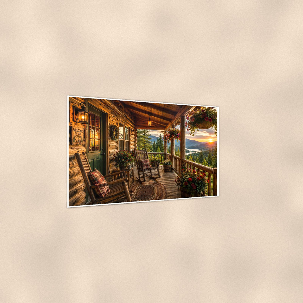 Cabin Porch Sunset — 36x24 in art print poster, premium luster paper with a white border; gentle three-quarter angle on a warm wall, showing the flat paper edge.