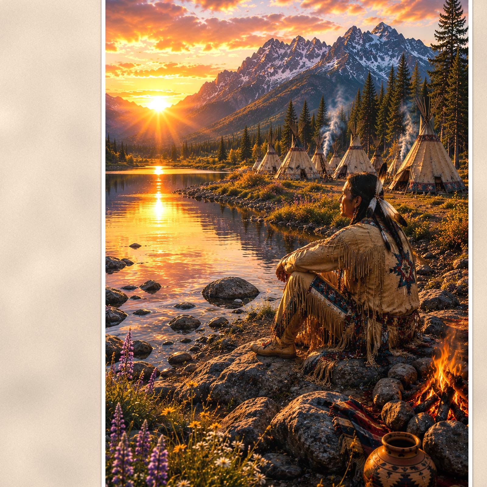 Mountain Lake Fishing — 24x36 in art print poster, premium luster paper with a white border; close-up framed on the main subject of the artwork, paper surface visible.