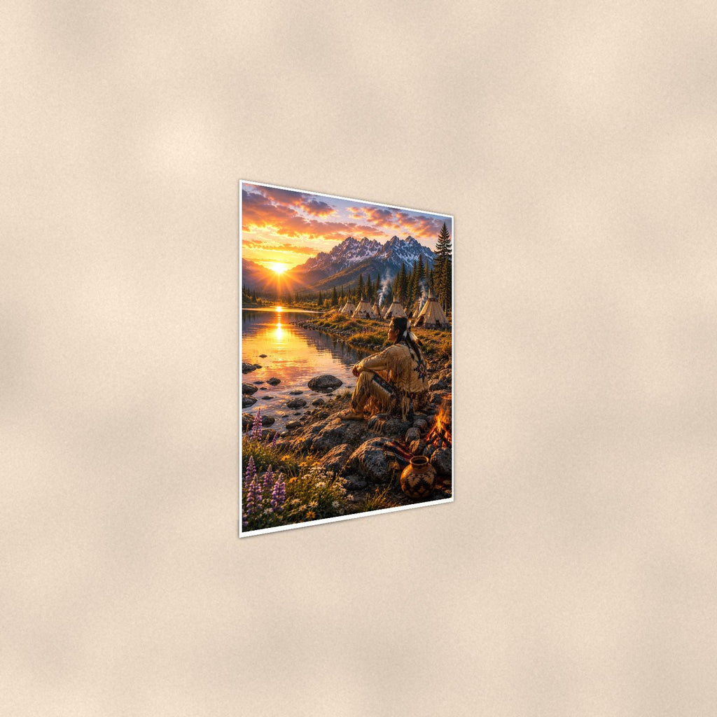 Mountain Lake Fishing — 24x36 in art print poster, premium luster paper with a white border; steeper three-quarter angle on a warm wall, catching the luster sheen.