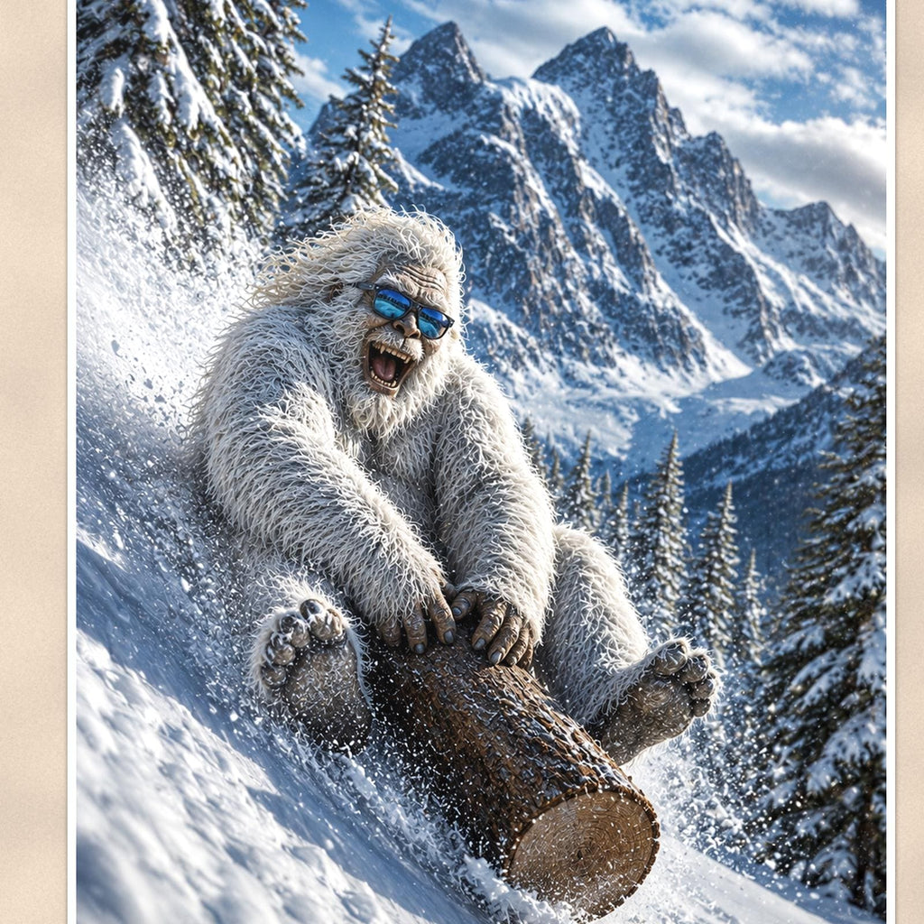 Log Sled Yeti — 24x36 in art print poster, premium luster paper with a white border; close-up framed on the main subject of the artwork, paper surface visible.