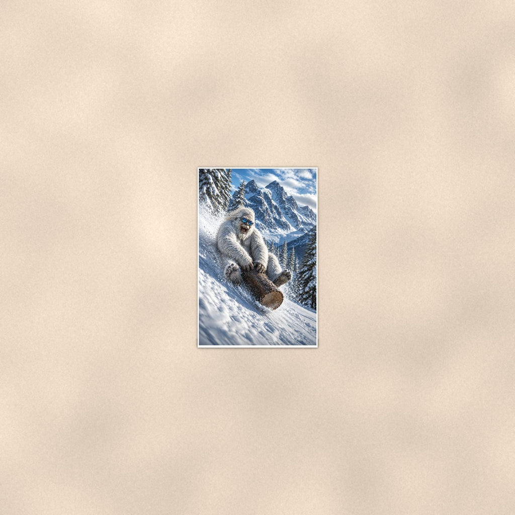 Log Sled Yeti — 24x36 in art print poster, premium luster paper with a white border; poster seen from further back, at true 24x36 in scale on a warm wall.