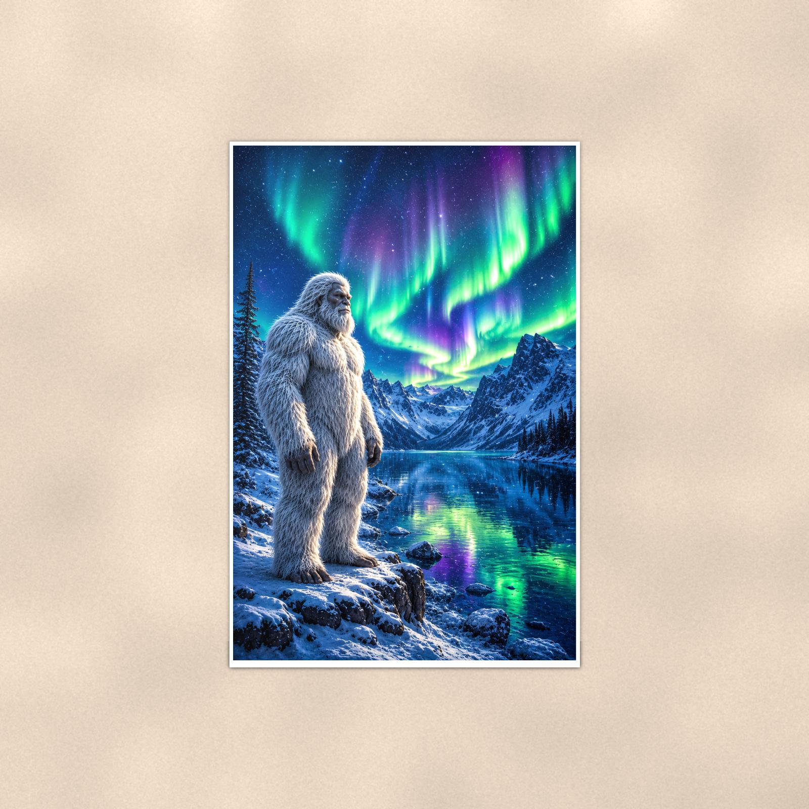 Aurora Lake Yeti — 24x36 in art print poster, premium luster paper with a white border; poster shown straight on against a warm wall.