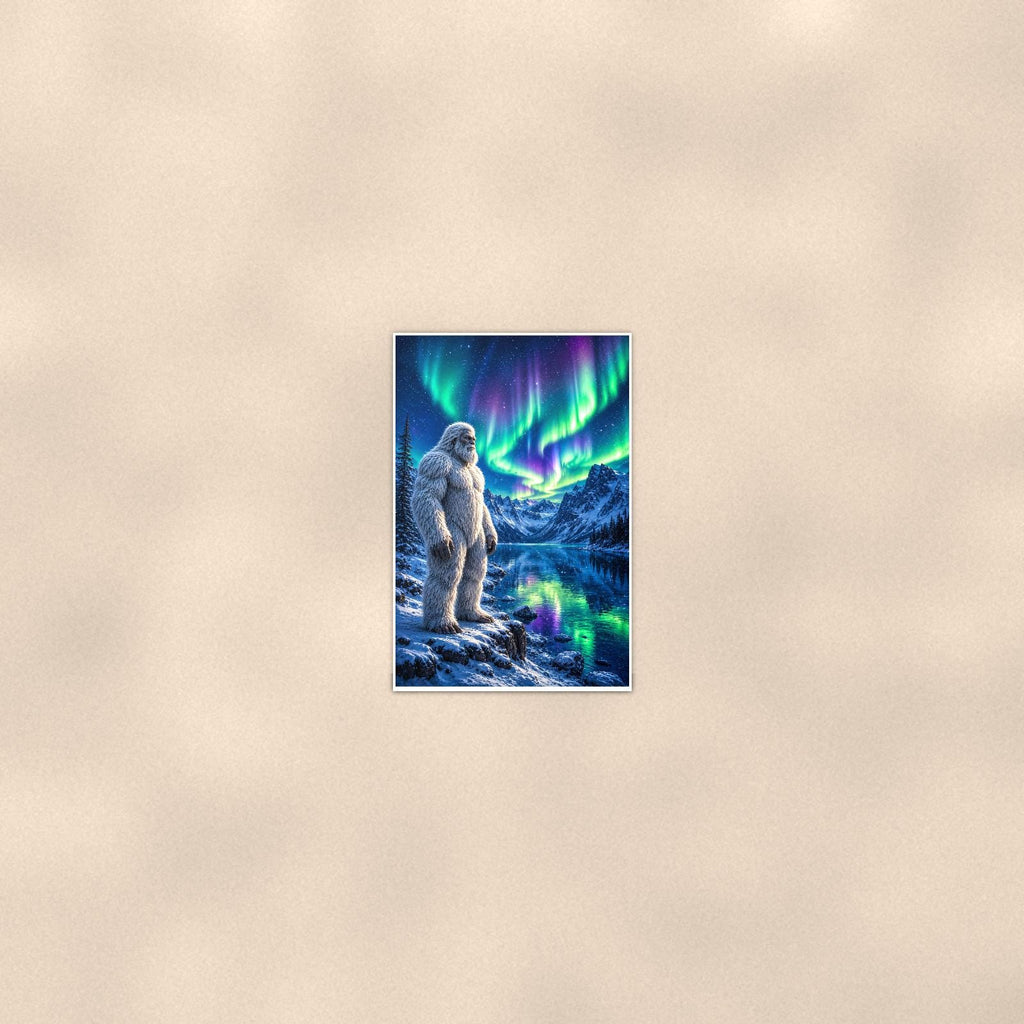 Aurora Lake Yeti — 24x36 in art print poster, premium luster paper with a white border; poster seen from further back, at true 24x36 in scale on a warm wall.
