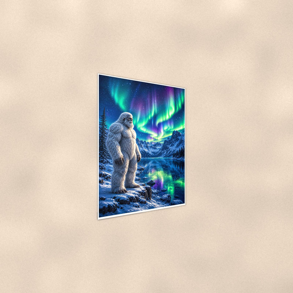 Aurora Lake Yeti — 24x36 in art print poster, premium luster paper with a white border; steeper three-quarter angle on a warm wall, catching the luster sheen.