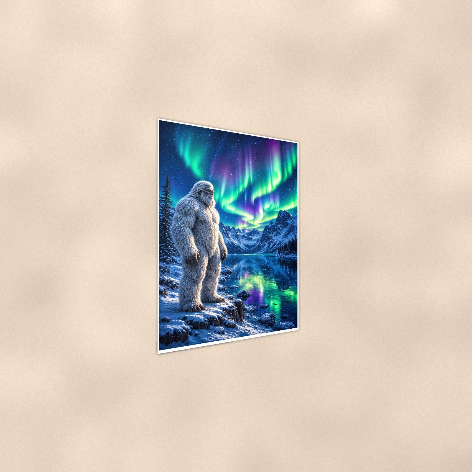 Aurora Lake Yeti — 24x36 in art print poster, premium luster paper with a white border; steeper three-quarter angle on a warm wall, catching the luster sheen.