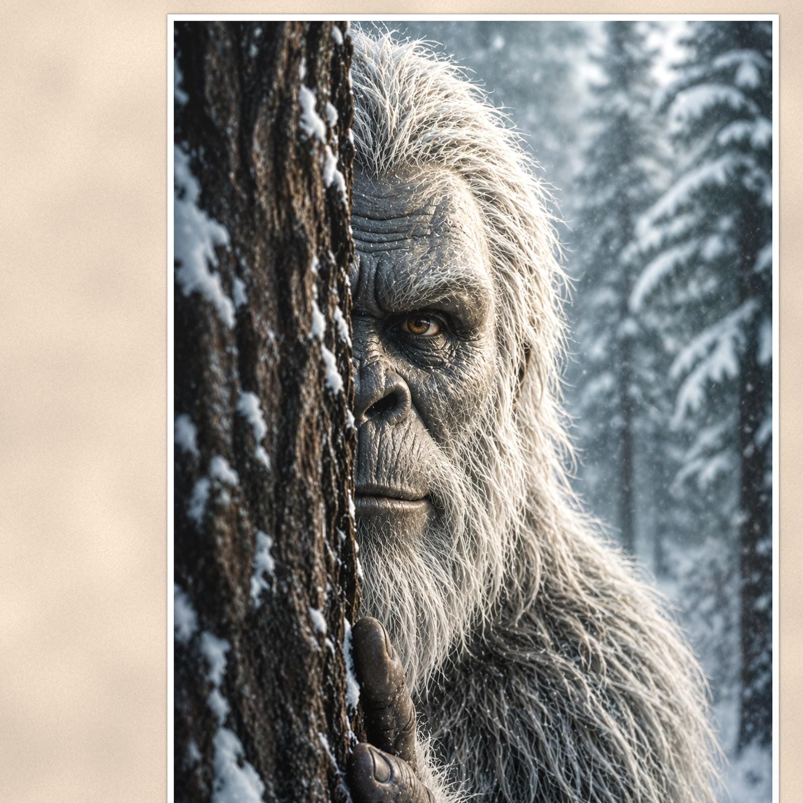 Snowy Stare Yeti — 24x36 in art print poster, premium luster paper with a white border; close-up framed on the main subject of the artwork, paper surface visible.