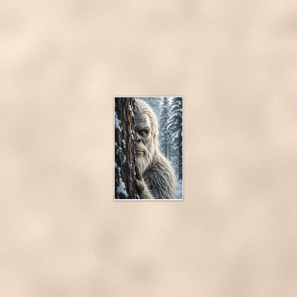 Snowy Stare Yeti — 24x36 in art print poster, premium luster paper with a white border; poster seen from further back, at true 24x36 in scale on a warm wall.
