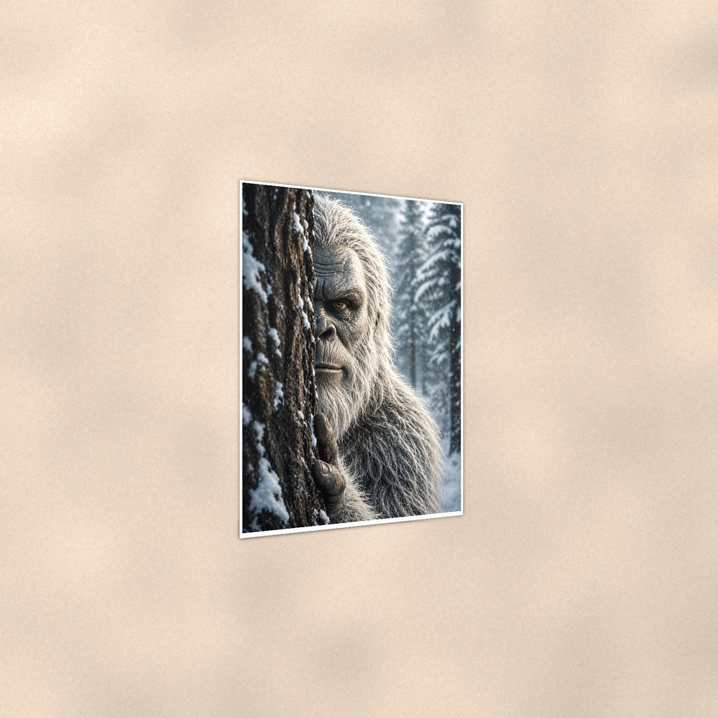 Snowy Stare Yeti — 24x36 in art print poster, premium luster paper with a white border; gentle three-quarter angle on a warm wall, showing the flat paper edge.