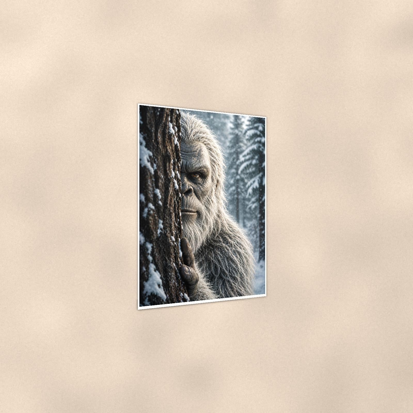 Snowy Stare Yeti — 24x36 in art print poster, premium luster paper with a white border; gentle three-quarter angle on a warm wall, showing the flat paper edge.