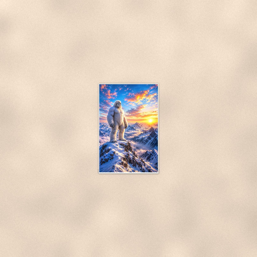 Sunrise Summit Yeti — 24x36 in art print poster, premium luster paper with a white border; poster seen from further back, at true 24x36 in scale on a warm wall.