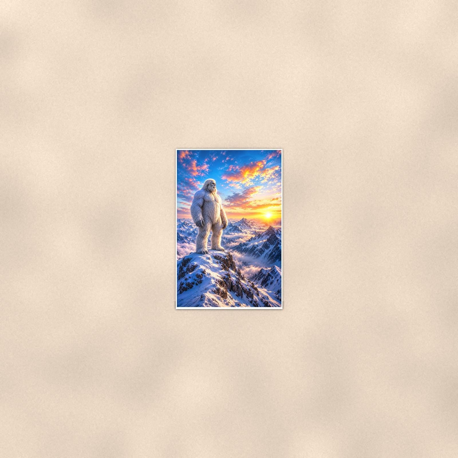 Sunrise Summit Yeti — 24x36 in art print poster, premium luster paper with a white border; poster seen from further back, at true 24x36 in scale on a warm wall.