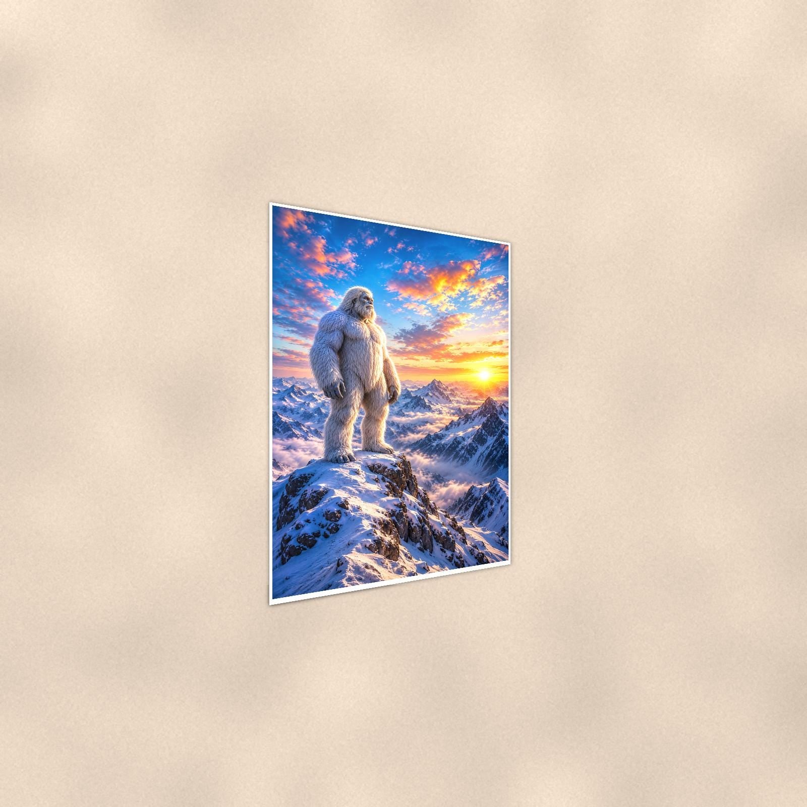 Sunrise Summit Yeti — 24x36 in art print poster, premium luster paper with a white border; steeper three-quarter angle on a warm wall, catching the luster sheen.