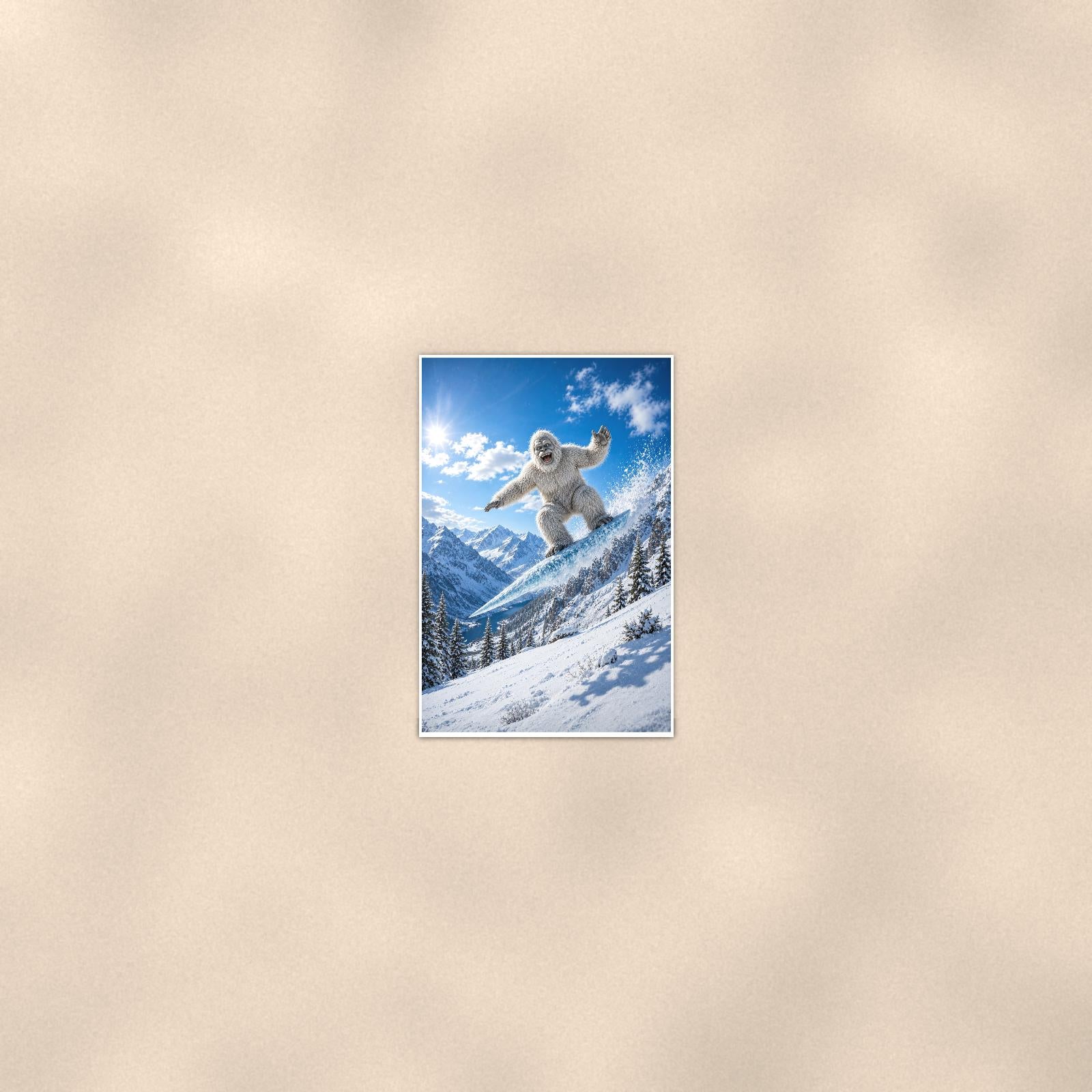Snowboard Jump Yeti — 24x36 in art print poster, premium luster paper with a white border; poster seen from further back, at true 24x36 in scale on a warm wall.