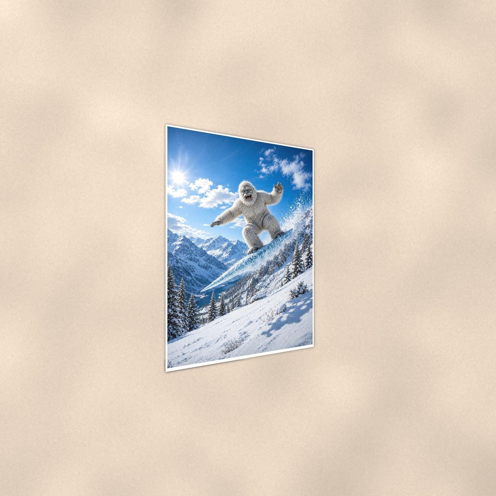 Snowboard Jump Yeti — 24x36 in art print poster, premium luster paper with a white border; steeper three-quarter angle on a warm wall, catching the luster sheen.
