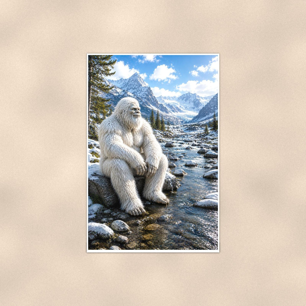 Mountain Stream Yeti — 24x36 in art print poster, premium luster paper with a white border; poster shown straight on against a warm wall.