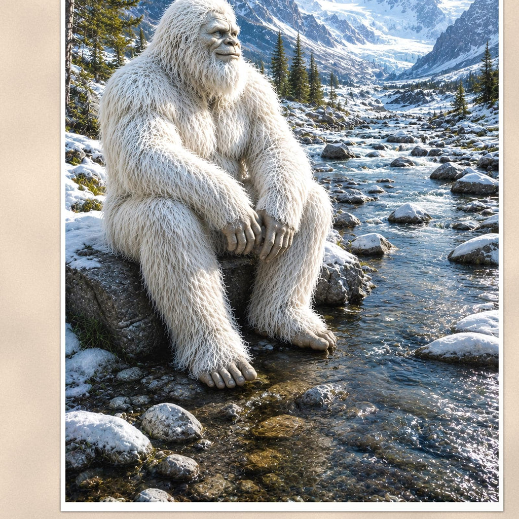 Mountain Stream Yeti — 24x36 in art print poster, premium luster paper with a white border; close-up framed on the main subject of the artwork, paper surface visible.