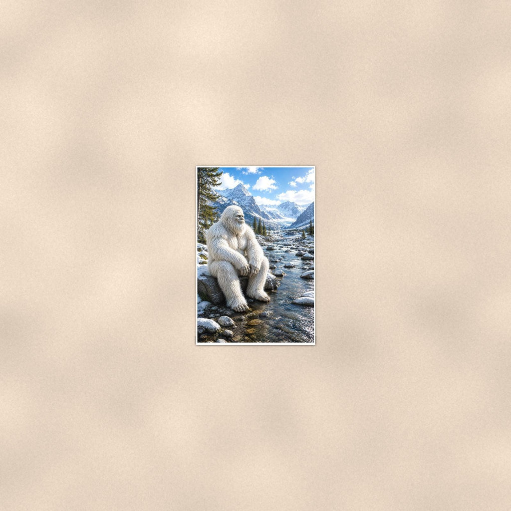 Mountain Stream Yeti — 24x36 in art print poster, premium luster paper with a white border; poster seen from further back, at true 24x36 in scale on a warm wall.