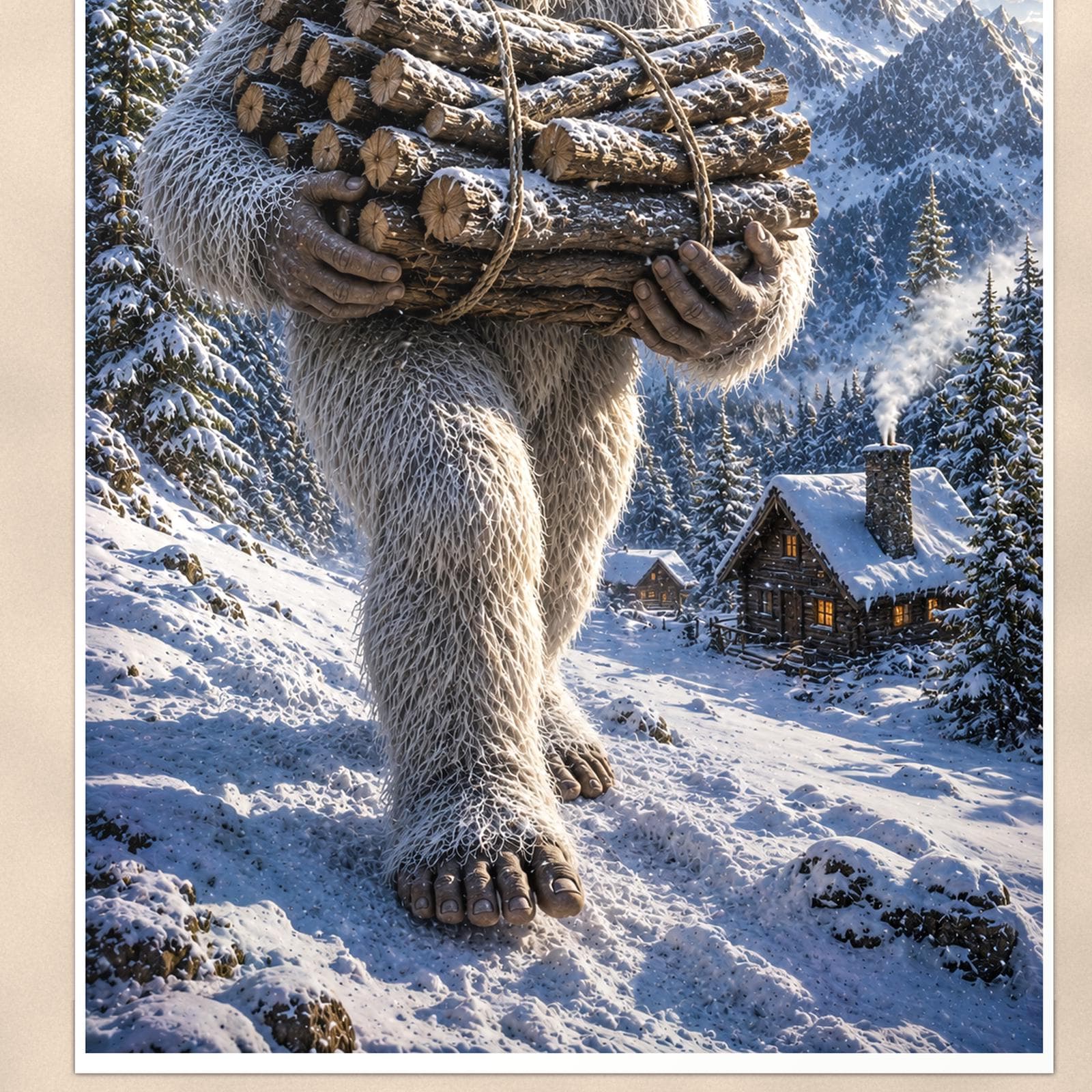 Firewood Yeti — 24x36 in art print poster, premium luster paper with a white border; close-up framed on the main subject of the artwork, paper surface visible.