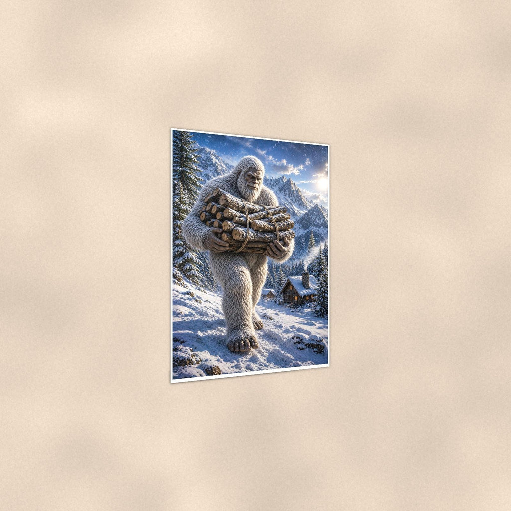 Firewood Yeti — 24x36 in art print poster, premium luster paper with a white border; gentle three-quarter angle on a warm wall, showing the flat paper edge.