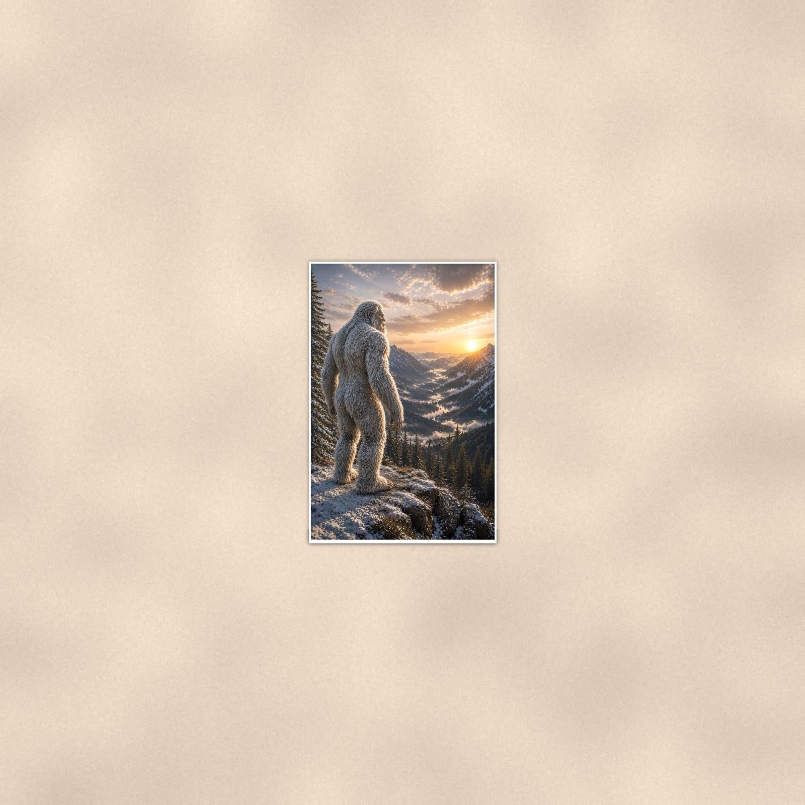 Cloud Valley Yeti — 24x36 in art print poster, premium luster paper with a white border; poster seen from further back, at true 24x36 in scale on a warm wall.