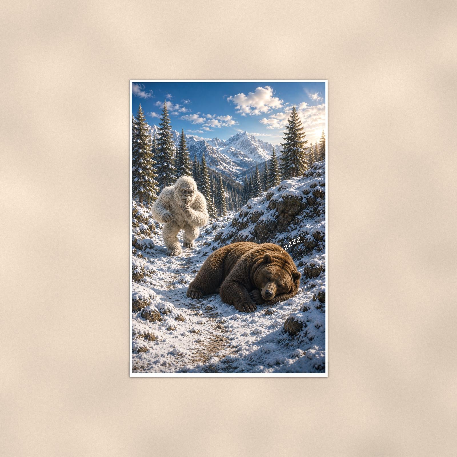 Bear Nap Yeti — 24x36 in art print poster, premium luster paper with a white border; poster shown straight on against a warm wall.