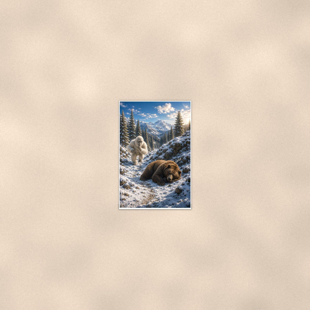 Bear Nap Yeti — 24x36 in art print poster, premium luster paper with a white border; poster seen from further back, at true 24x36 in scale on a warm wall.