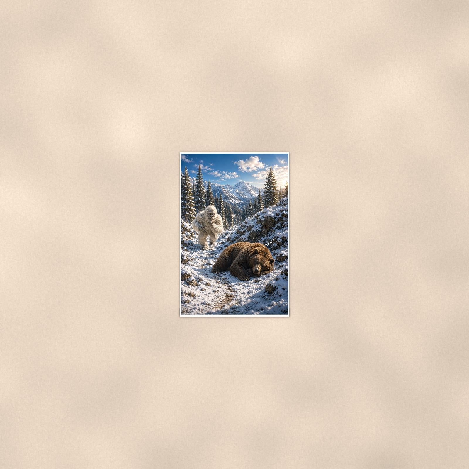 Bear Nap Yeti — 24x36 in art print poster, premium luster paper with a white border; poster seen from further back, at true 24x36 in scale on a warm wall.