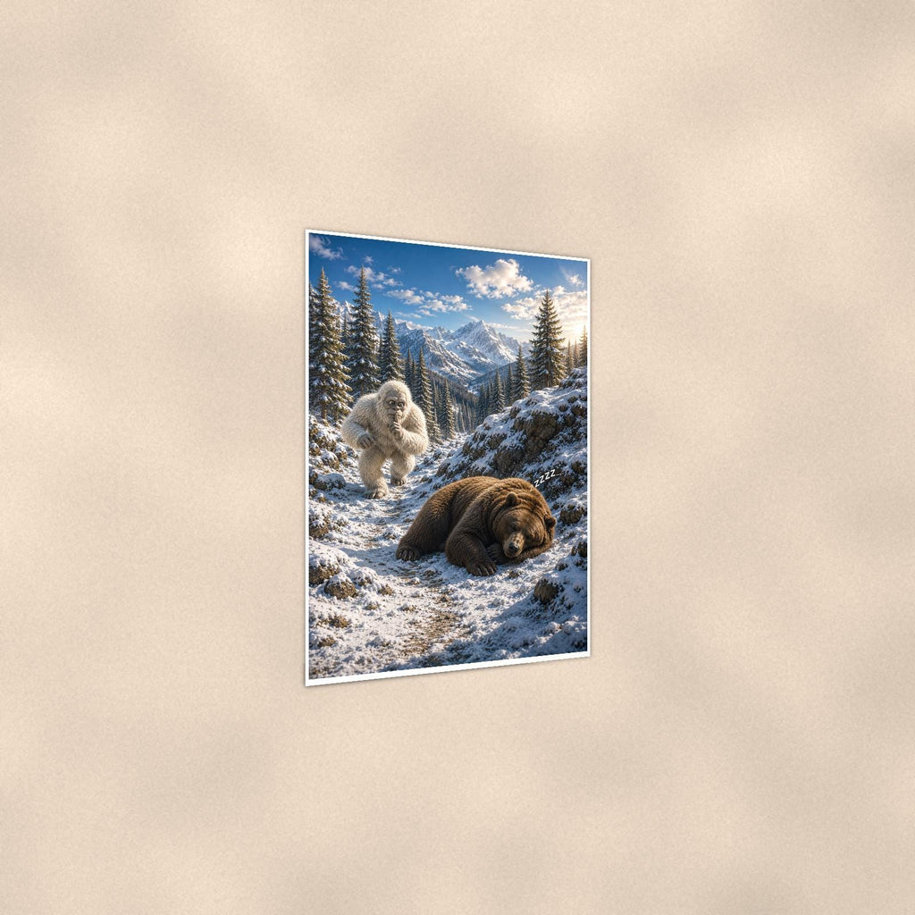 Bear Nap Yeti — 24x36 in art print poster, premium luster paper with a white border; gentle three-quarter angle on a warm wall, showing the flat paper edge.