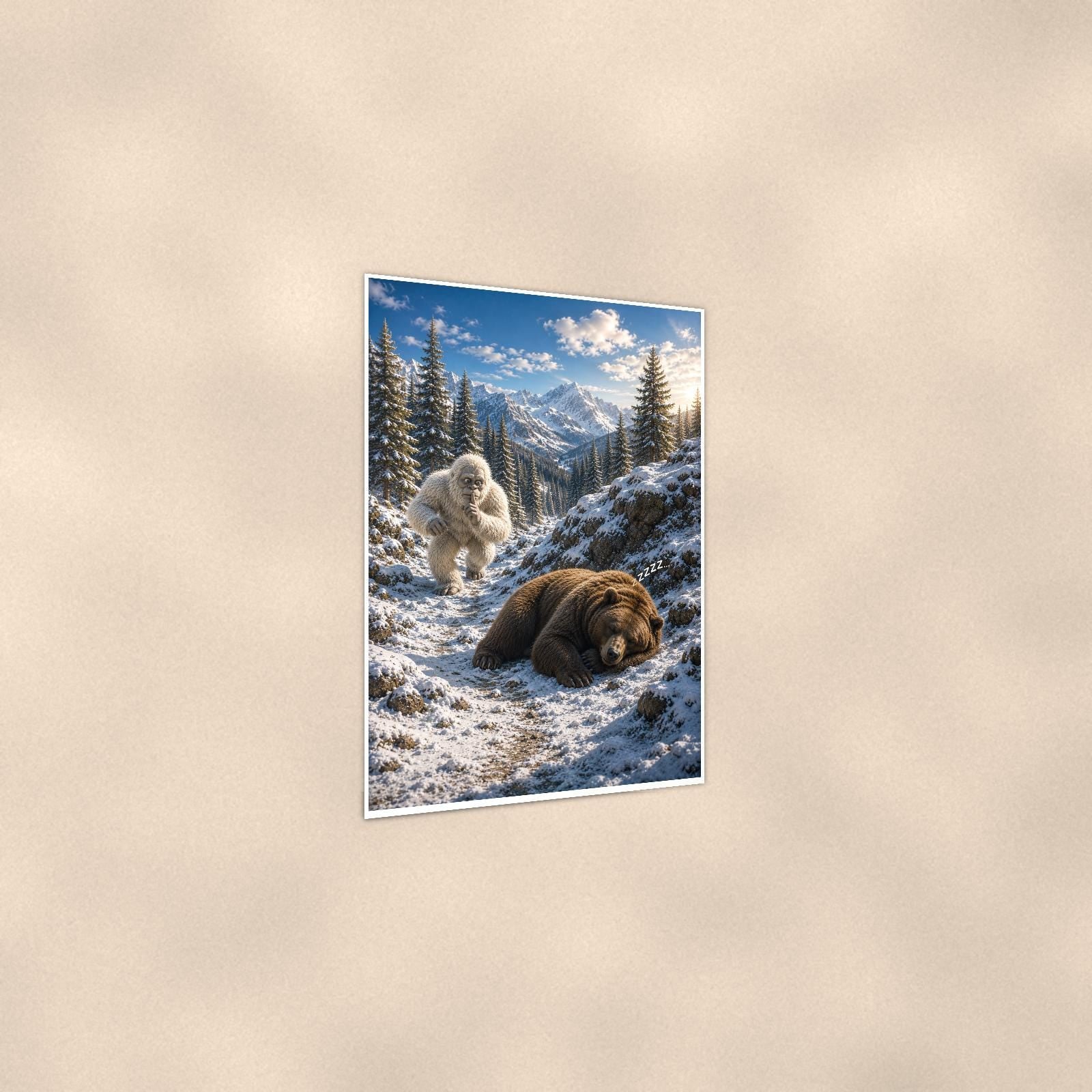 Bear Nap Yeti — 24x36 in art print poster, premium luster paper with a white border; gentle three-quarter angle on a warm wall, showing the flat paper edge.