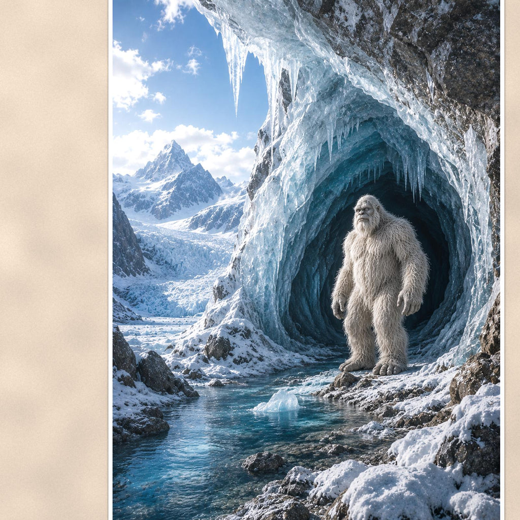 Ice Cave Yeti — 24x36 in art print poster, premium luster paper with a white border; close-up framed on the main subject of the artwork, paper surface visible.