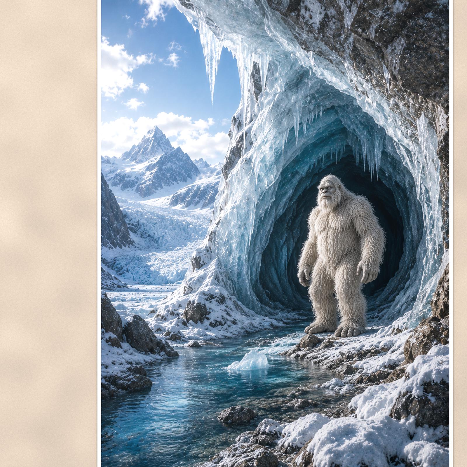 Ice Cave Yeti — 24x36 in art print poster, premium luster paper with a white border; close-up framed on the main subject of the artwork, paper surface visible.
