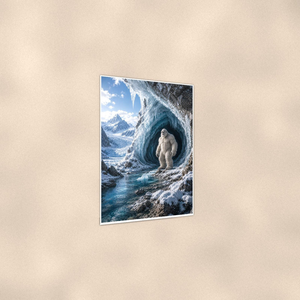 Ice Cave Yeti — 24x36 in art print poster, premium luster paper with a white border; gentle three-quarter angle on a warm wall, showing the flat paper edge.