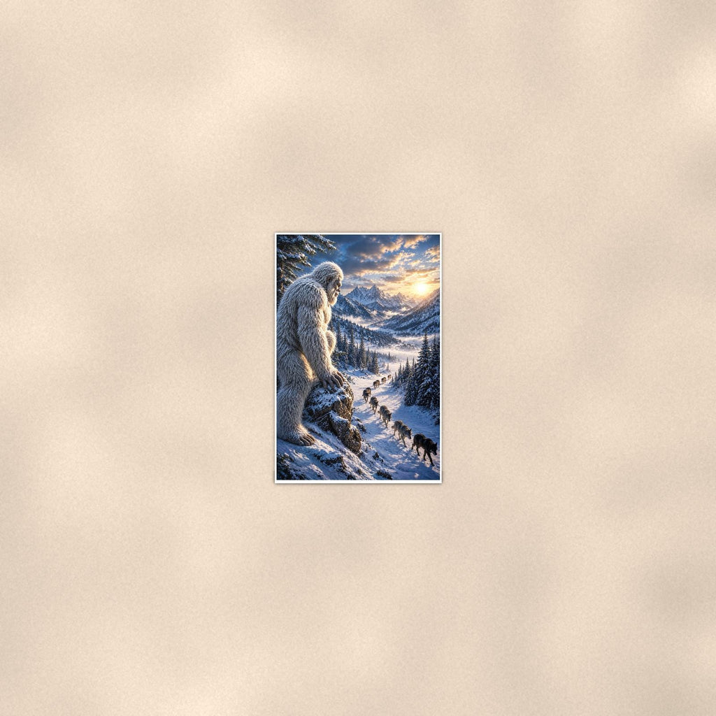 Wolf Pack Yeti — 24x36 in art print poster, premium luster paper with a white border; poster seen from further back, at true 24x36 in scale on a warm wall.