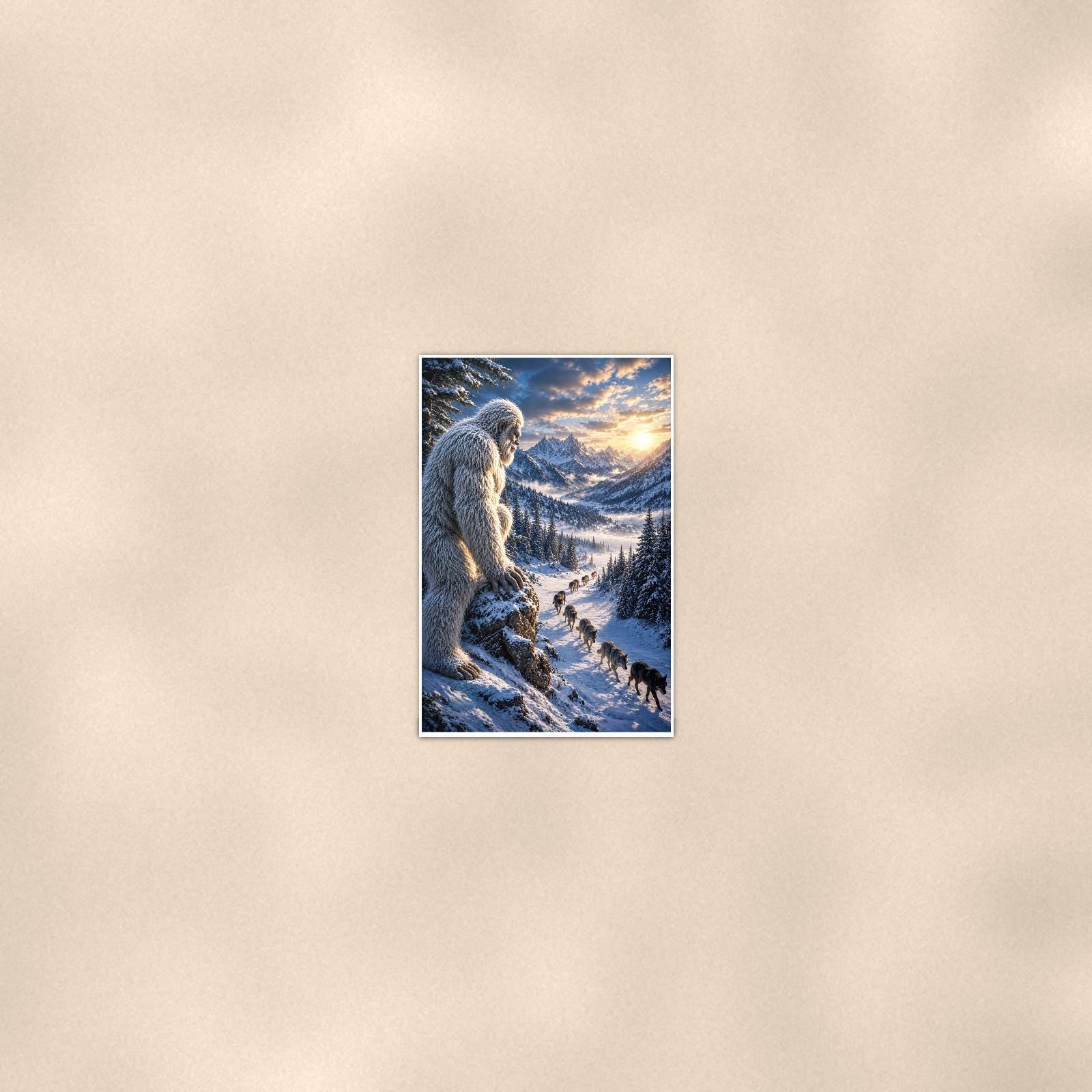 Wolf Pack Yeti — 24x36 in art print poster, premium luster paper with a white border; poster seen from further back, at true 24x36 in scale on a warm wall.