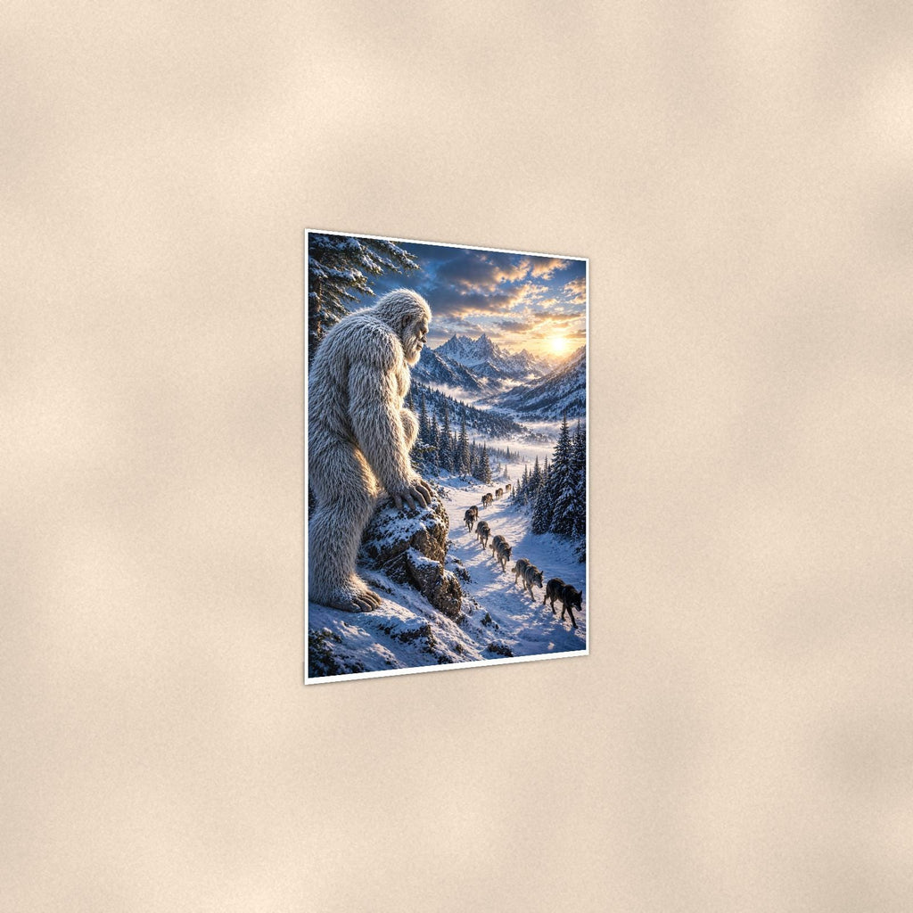 Wolf Pack Yeti — 24x36 in art print poster, premium luster paper with a white border; gentle three-quarter angle on a warm wall, showing the flat paper edge.