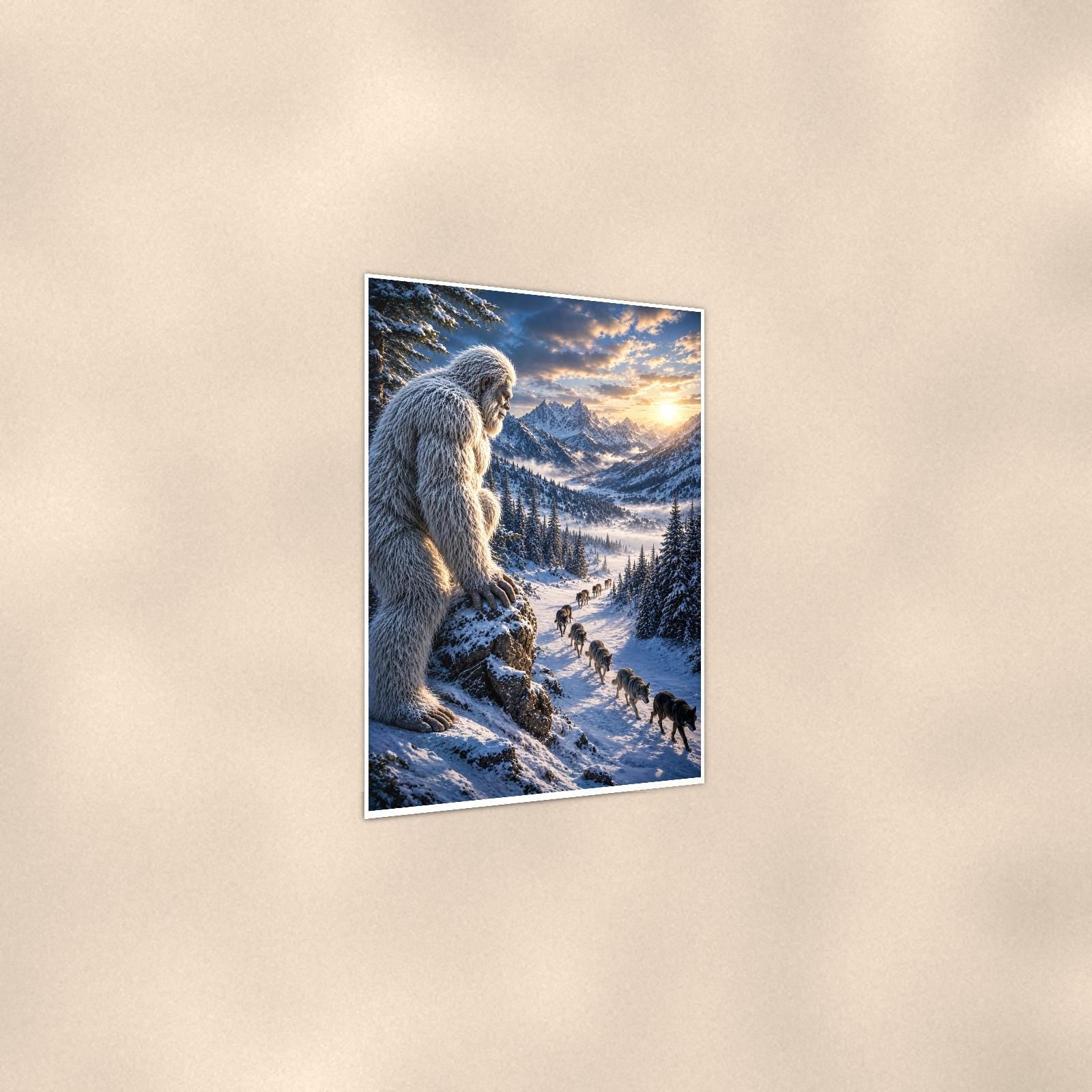 Wolf Pack Yeti — 24x36 in art print poster, premium luster paper with a white border; gentle three-quarter angle on a warm wall, showing the flat paper edge.