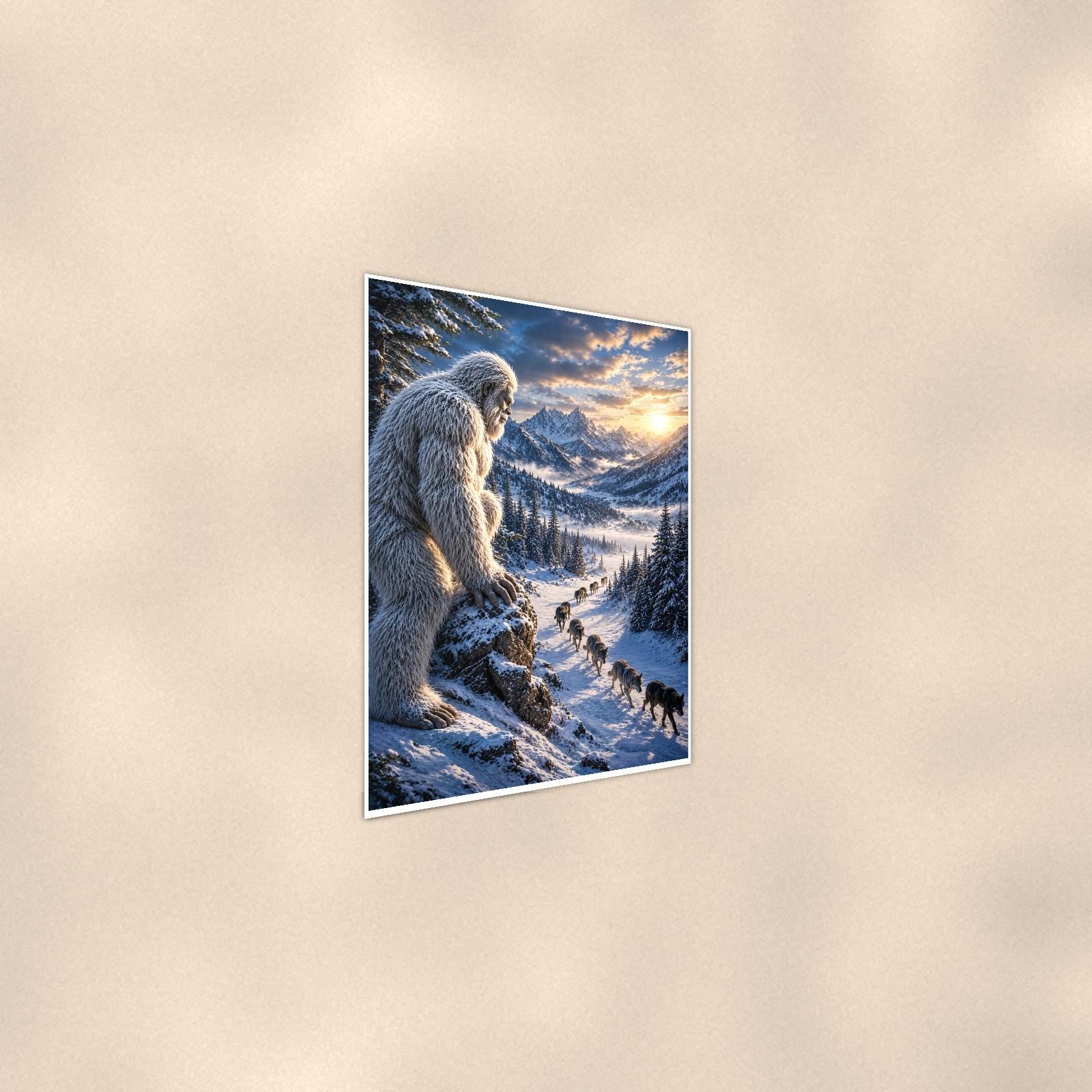 Wolf Pack Yeti — 24x36 in art print poster, premium luster paper with a white border; steeper three-quarter angle on a warm wall, catching the luster sheen.