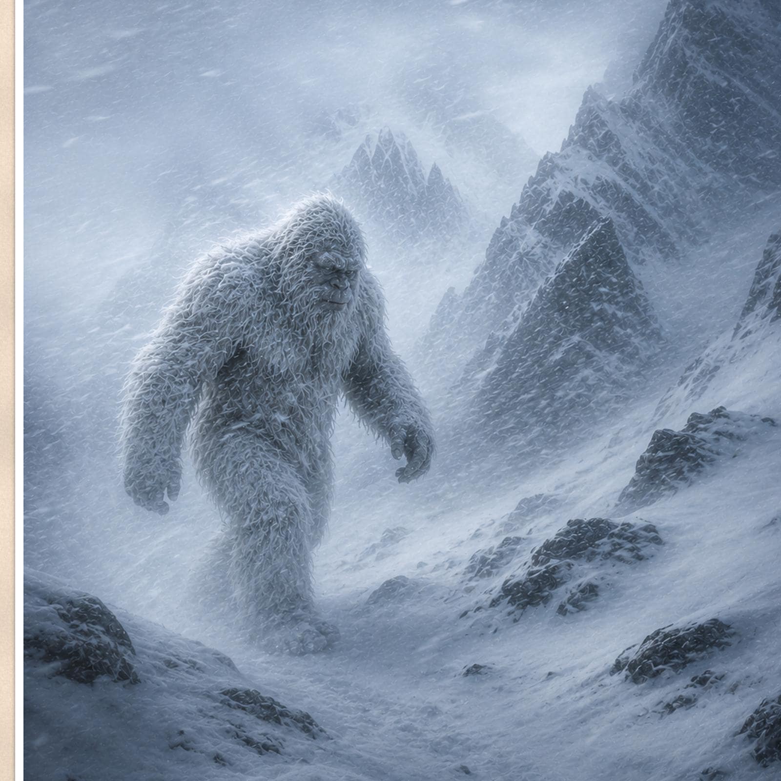 Blizzard Climb Yeti — 24x36 in art print poster, premium luster paper with a white border; close-up framed on the main subject of the artwork, paper surface visible.