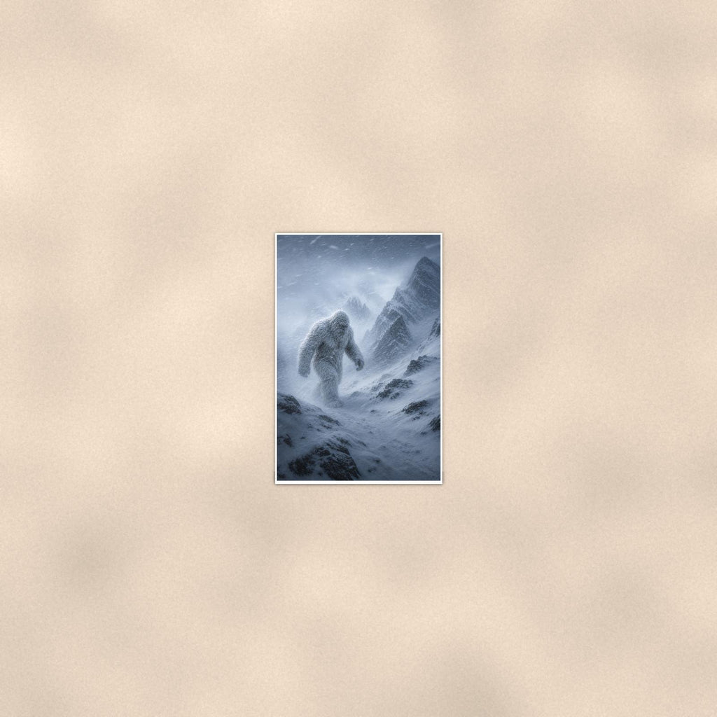 Blizzard Climb Yeti — 24x36 in art print poster, premium luster paper with a white border; poster seen from further back, at true 24x36 in scale on a warm wall.