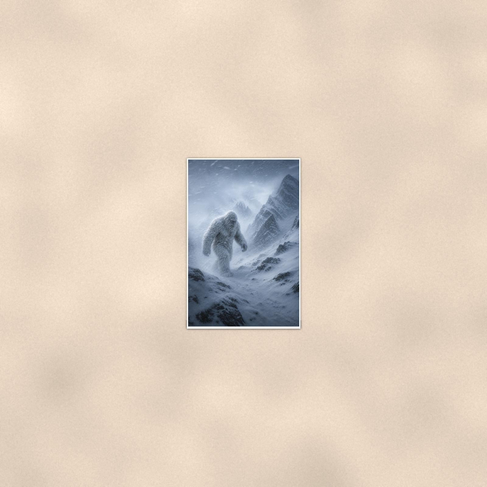 Blizzard Climb Yeti — 24x36 in art print poster, premium luster paper with a white border; poster seen from further back, at true 24x36 in scale on a warm wall.