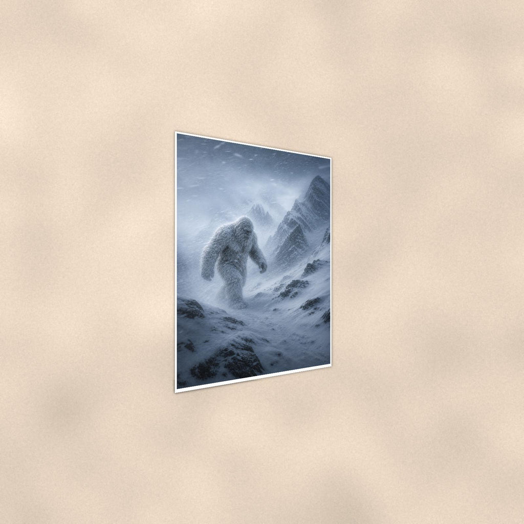 Blizzard Climb Yeti — 24x36 in art print poster, premium luster paper with a white border; steeper three-quarter angle on a warm wall, catching the luster sheen.