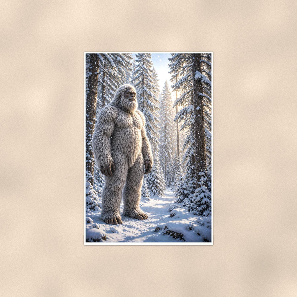 Snowy Path Yeti — 24x36 in art print poster, premium luster paper with a white border; poster shown straight on against a warm wall.