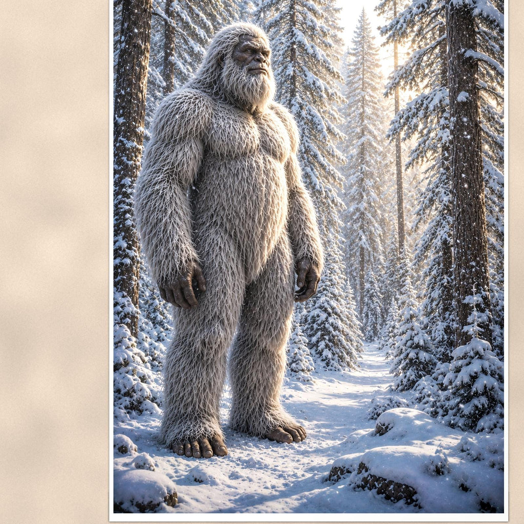 Snowy Path Yeti — 24x36 in art print poster, premium luster paper with a white border; close-up framed on the main subject of the artwork, paper surface visible.