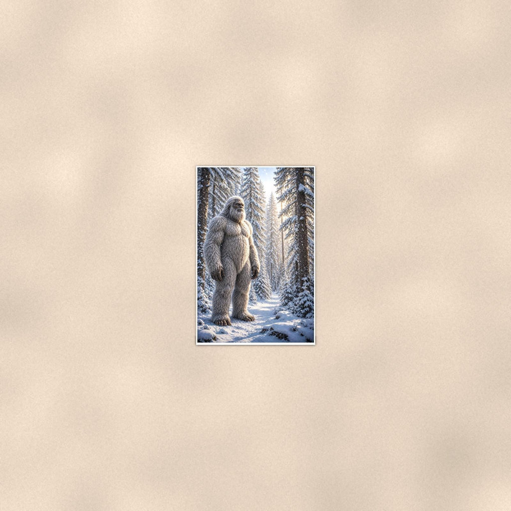 Snowy Path Yeti — 24x36 in art print poster, premium luster paper with a white border; poster seen from further back, at true 24x36 in scale on a warm wall.