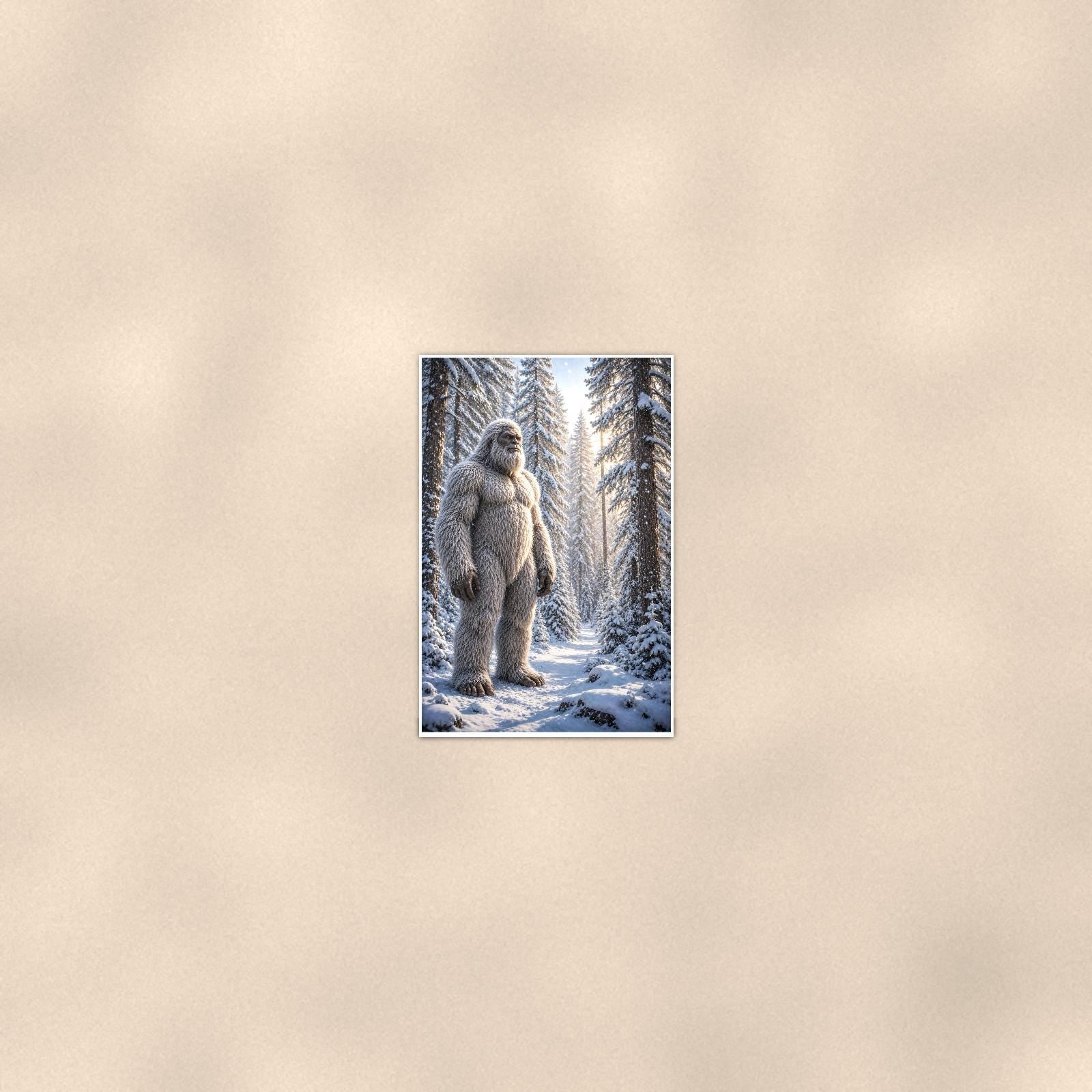 Snowy Path Yeti — 24x36 in art print poster, premium luster paper with a white border; poster seen from further back, at true 24x36 in scale on a warm wall.