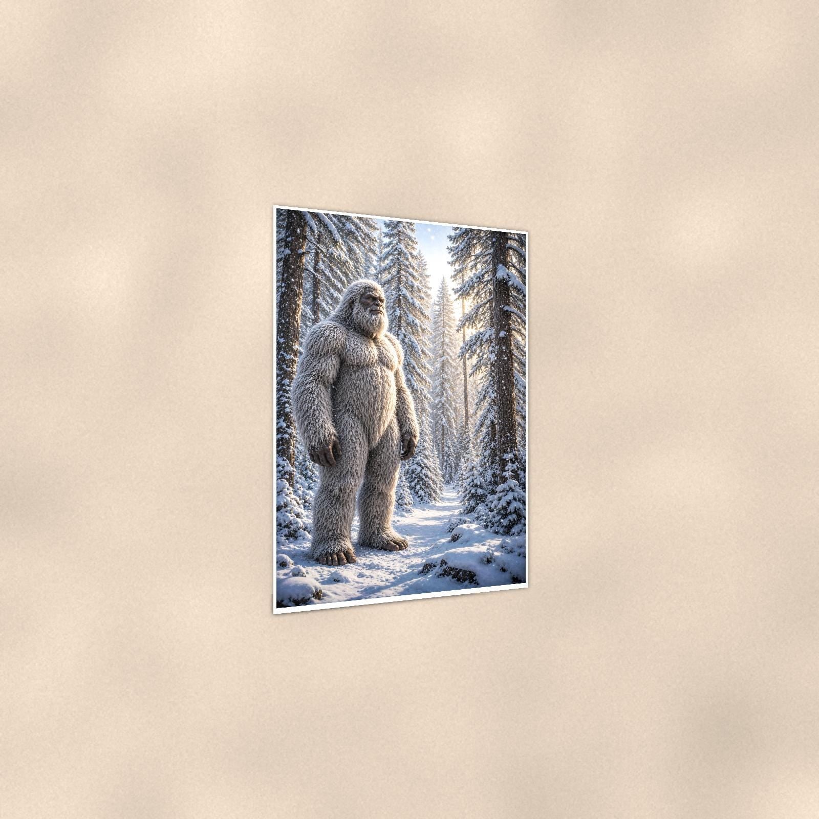 Snowy Path Yeti — 24x36 in art print poster, premium luster paper with a white border; gentle three-quarter angle on a warm wall, showing the flat paper edge.